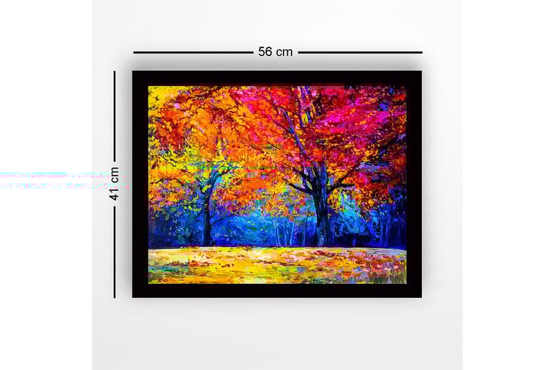 Indrammet lærredstryk i træ - 41x56 cm - Farverige efterårstræer med klare blade i orange og lyserøde nuancer - Orange / Pink / Blå - Boligtilbehør - Billeder & kunst