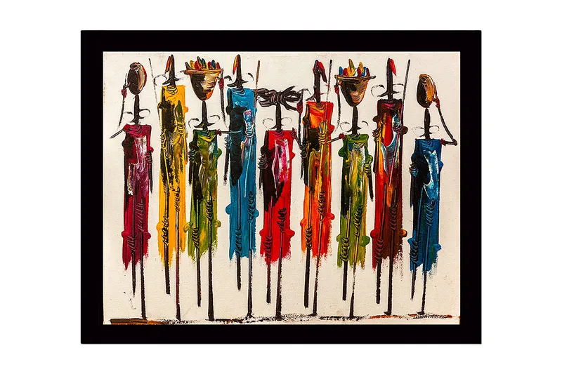 Indrammet lærredstryk i træ - 41x56 cm - Farverige figurer med traditionelle elementer og lange pinde, Rød / Grøn / Blå