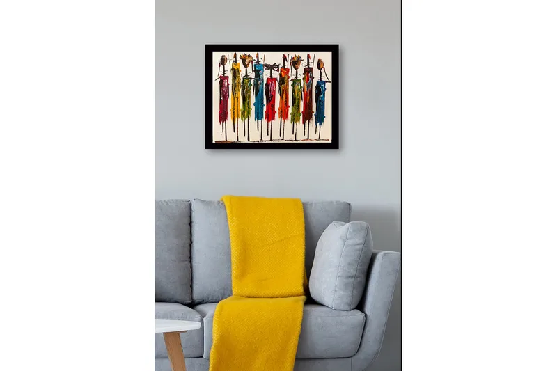 Indrammet lærredstryk i træ - 41x56 cm - Farverige figurer med traditionelle elementer og lange pinde - Rød / Grøn / Blå - Boligtilbehør - Billeder & kunst