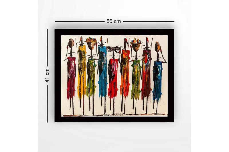 Indrammet lærredstryk i træ - 41x56 cm - Farverige figurer med traditionelle elementer og lange pinde - Rød / Grøn / Blå - Boligtilbehør - Billeder & kunst