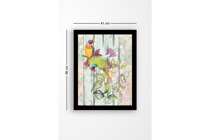 Indrammet lærredstryk i træ - 41x56 cm - Farverige fugle i en botanisk komposition - Grøn / Gul / Lilla - Boligtilbehør - Billeder & kunst