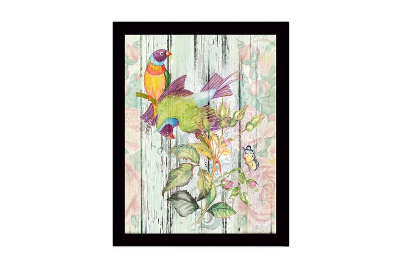 Indrammet lærredstryk i træ - 41x56 cm - Farverige fugle i en botanisk komposition, Grøn / Gul / Lilla