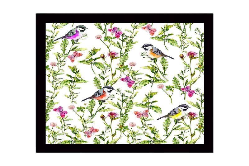 Indrammet lærredstryk i træ - 41x56 cm - Farverige fugle omgivet af blomster og grønne planter, Grøn / Lyserød / Gul