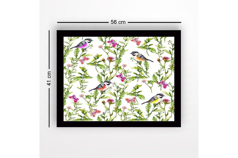 Indrammet lærredstryk i træ - 41x56 cm - Farverige fugle omgivet af blomster og grønne planter - Grøn / Lyserød / Gul - Boligtilbehør - Billeder & kunst