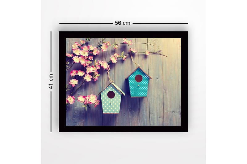 Indrammet lærredstryk i træ - 41x56 cm - Farverige fuglehuse hængende blandt blomster - Lyserød / Turkis - Boligtilbehør - Billeder & kunst