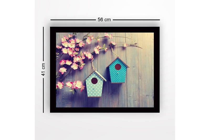 Indrammet lærredstryk i træ - 41x56 cm - Farverige fuglehuse hængende blandt blomster - Lyserød / Turkis - Boligtilbehør - Billeder & kunst