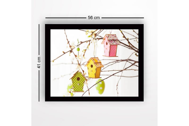 Indrammet lærredstryk i træ - 41x56 cm - Farverige fuglehuse hængende i blomstrende grene - Grøn / Lyserød / Gul - Boligtilbehør - Billeder & kunst