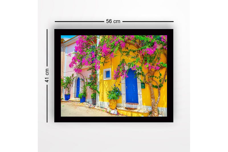 Indrammet lærredstryk i træ - 41x56 cm - Farverige huse med bougainvillea i blomst - Gul / Blå / Lyserød - Boligtilbehør - Billeder & kunst