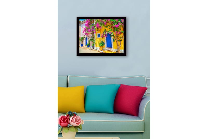 Indrammet lærredstryk i træ - 41x56 cm - Farverige huse med bougainvillea i blomst - Gul / Blå / Lyserød - Boligtilbehør - Billeder & kunst