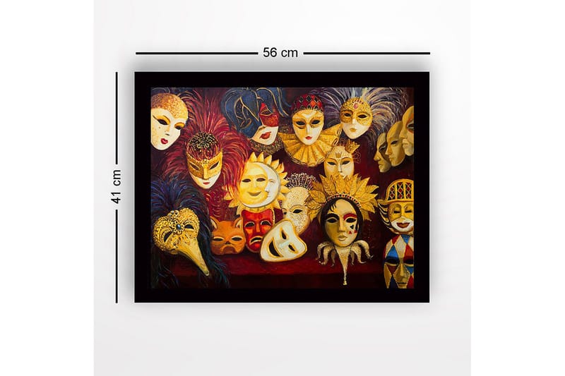 Indrammet lærredstryk i træ - 41x56 cm - Farverige masker med forskellige udtryk og detaljer - Guld / Rød / Sort - Boligtilbehør - Billeder & kunst