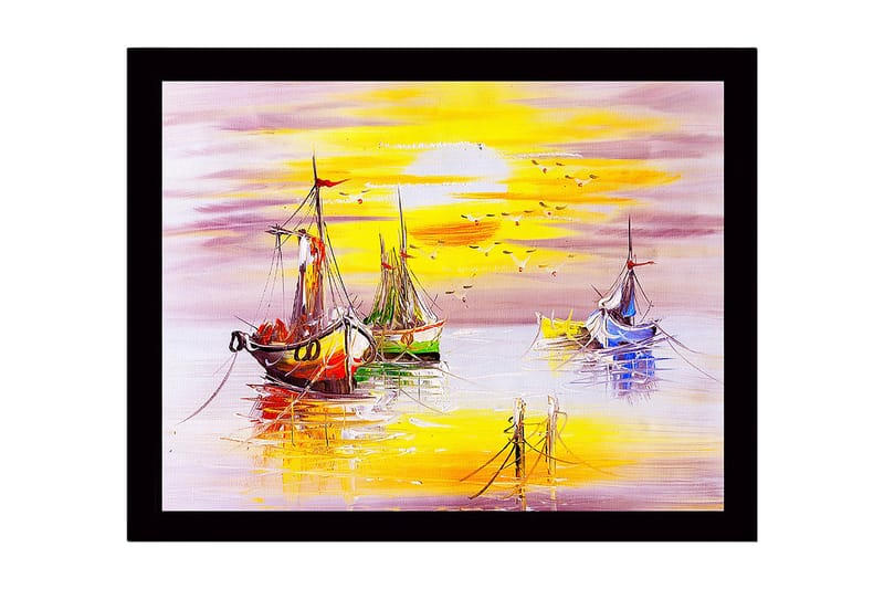Indrammet lærredstryk i træ - 41x56 cm - Farverige sejlbåde ved solnedgang ved havet, Gul / Blå / Rød