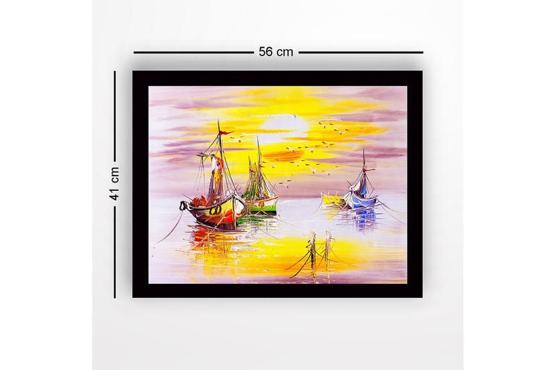 Indrammet lærredstryk i træ - 41x56 cm - Farverige sejlbåde ved solnedgang ved havet - Gul / Blå / Rød - Boligtilbehør - Billeder & kunst