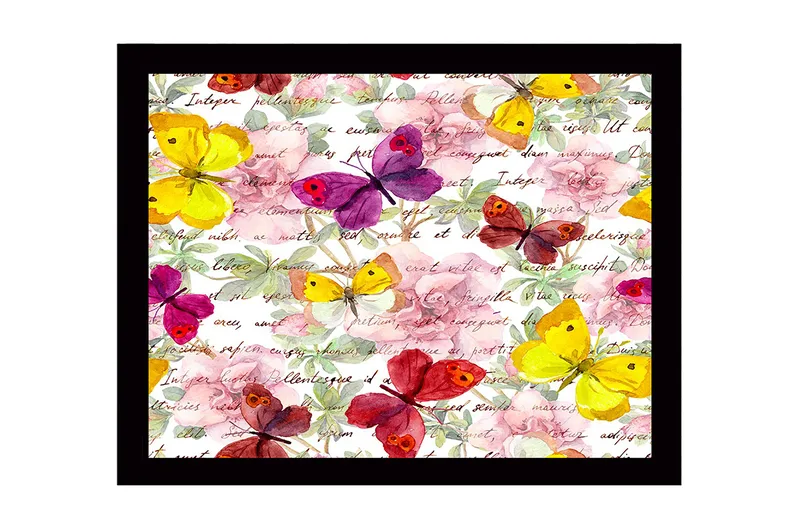 Indrammet lærredstryk i træ - 41x56 cm - Farverige sommerfugle i en blomstrende komposition, Gul / Lilla / Lyserød