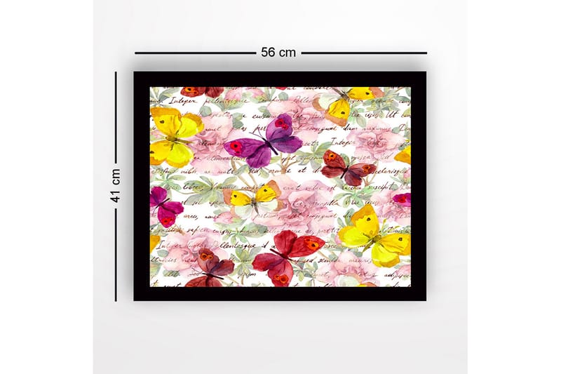 Indrammet lærredstryk i træ - 41x56 cm - Farverige sommerfugle i en blomstrende komposition - Gul / Lilla / Lyserød - Boligtilbehør - Billeder & kunst