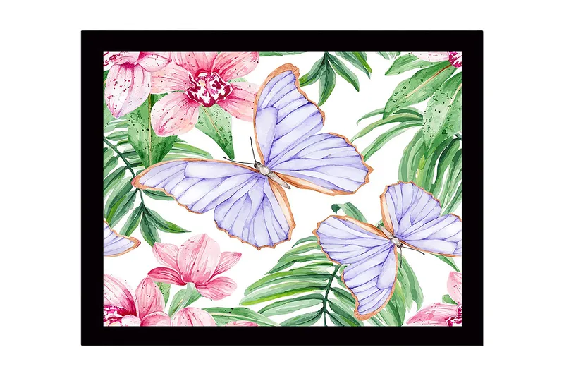 Indrammet lærredstryk i træ - 41x56 cm - Farverige sommerfugle omgivet af blomster og grønne blade, Lilla / Lyserød / Grøn