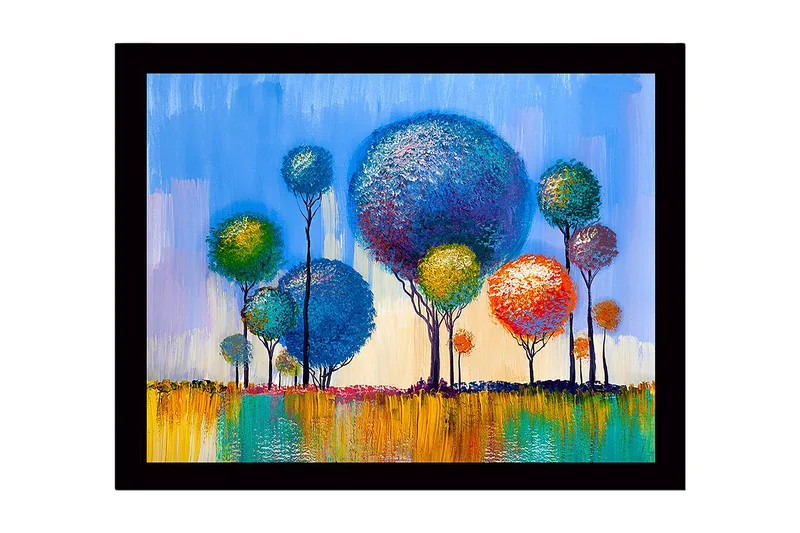 Indrammet lærredstryk i træ - 41x56 cm - Farverige træer i en livlig landskabskomposition, Blå / Grøn / Orange