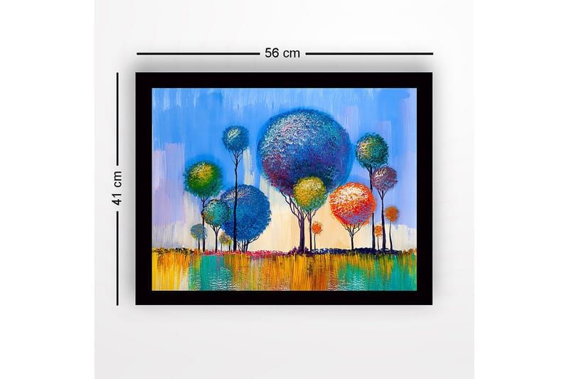 Indrammet lærredstryk i træ - 41x56 cm - Farverige træer i en livlig landskabskomposition - Blå / Grøn / Orange - Boligtilbehør - Billeder & kunst