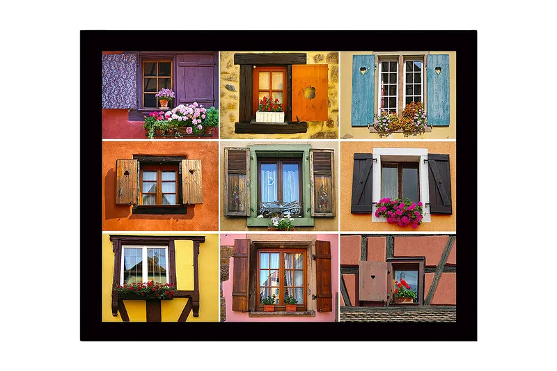 Indrammet lærredstryk i træ - 41x56 cm - Farverige vinduer med blomsterarrangementer, Lilla / Orange / Grøn