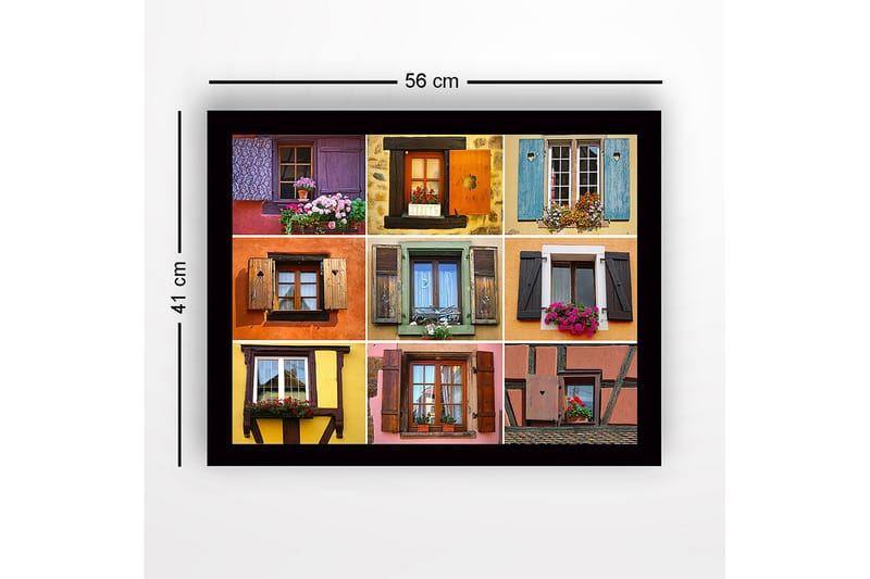 Indrammet lærredstryk i træ - 41x56 cm - Farverige vinduer med blomsterarrangementer - Lilla / Orange / Grøn - Boligtilbehør - Billeder & kunst