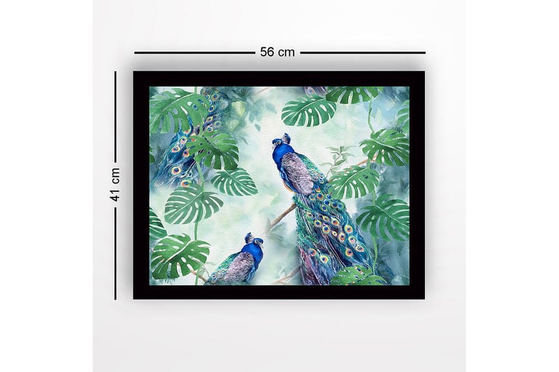 Indrammet lærredstryk i træ - 41x56 cm - Farverige påfugle omgivet af tropiske planter - Grøn / Blå / Turkis - Boligtilbehør - Billeder & kunst