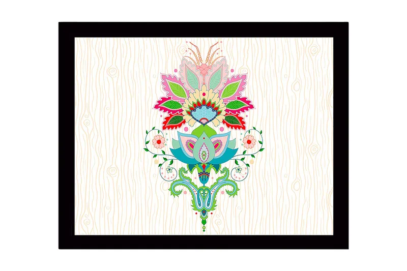 Indrammet lærredstryk i træ - 41x56 cm - Farverigt blomsterdesign med detaljerede blade og mønstre, Lyserød / Grøn / Blå