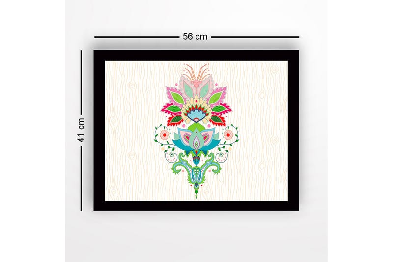Indrammet lærredstryk i træ - 41x56 cm - Farverigt blomsterdesign med detaljerede blade og mønstre - Lyserød / Grøn / Blå - Boligtilbehør - Billeder & kunst