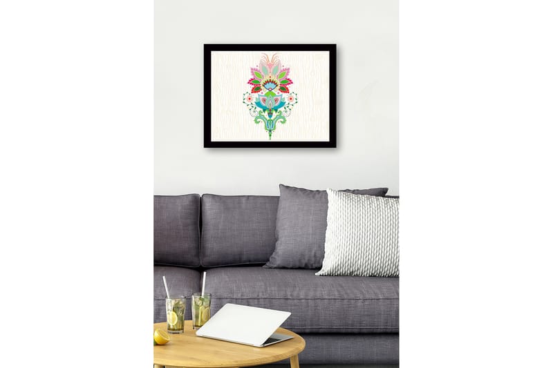 Indrammet lærredstryk i træ - 41x56 cm - Farverigt blomsterdesign med detaljerede blade og mønstre - Lyserød / Grøn / Blå - Boligtilbehør - Billeder & kunst