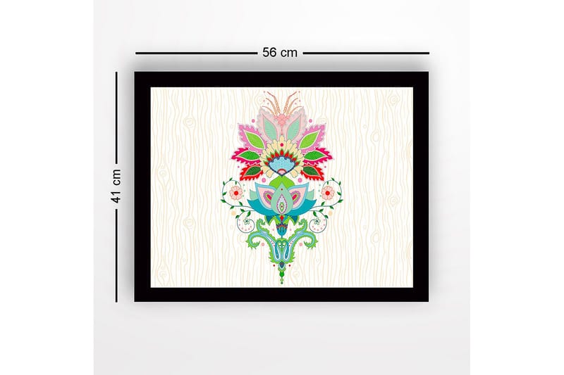 Indrammet lærredstryk i træ - 41x56 cm - Farverigt blomsterdesign med detaljerede blade og mønstre - Lyserød / Grøn / Blå - Boligtilbehør - Billeder & kunst