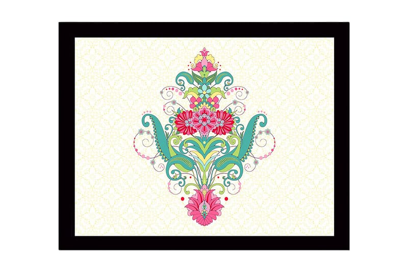 Indrammet lærredstryk i træ - 41x56 cm - Farverigt blomsterdesign med spiraler og ornamentale detaljer, Grøn / Pink / Turkis