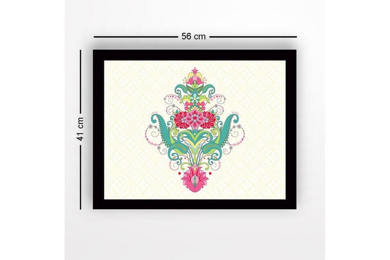 Indrammet lærredstryk i træ - 41x56 cm - Farverigt blomsterdesign med spiraler og ornamentale detaljer - Grøn / Pink / Turkis - Boligtilbehør - Billeder & kunst