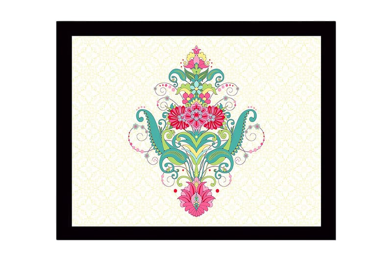 Indrammet lærredstryk i træ - 41x56 cm - Farverigt blomsterdesign med spiraler og ornamentale detaljer, Grøn / Pink / Turkis