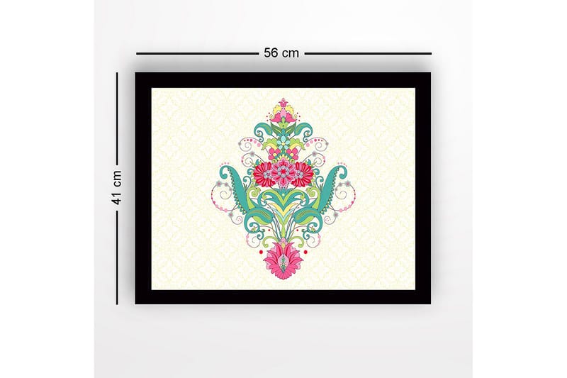 Indrammet lærredstryk i træ - 41x56 cm - Farverigt blomsterdesign med spiraler og ornamentale detaljer - Grøn / Pink / Turkis - Boligtilbehør - Billeder & kunst