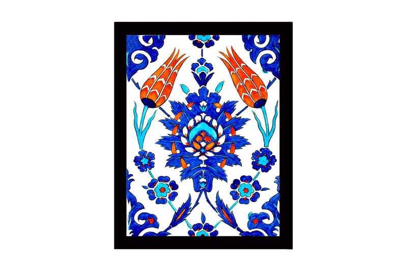 Indrammet lærredstryk i træ - 41x56 cm - Farverigt blomsterdesign med stiliserede blomster og bladværk, Blå / Rød / Grøn