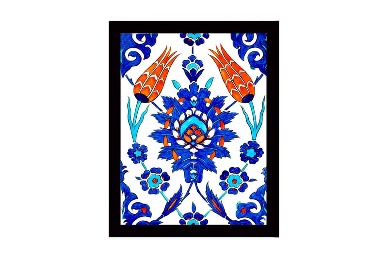 Indrammet lærredstryk i træ - 41x56 cm - Farverigt blomsterdesign med stiliserede blomster og bladværk, Blå / Rød / Grøn