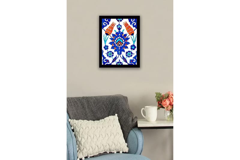 Indrammet lærredstryk i træ - 41x56 cm - Farverigt blomsterdesign med stiliserede blomster og bladværk - Blå / Rød / Grøn - Boligtilbehør - Billeder & kunst