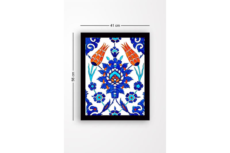 Indrammet lærredstryk i træ - 41x56 cm - Farverigt blomsterdesign med stiliserede blomster og bladværk - Blå / Rød / Grøn - Boligtilbehør - Billeder & kunst