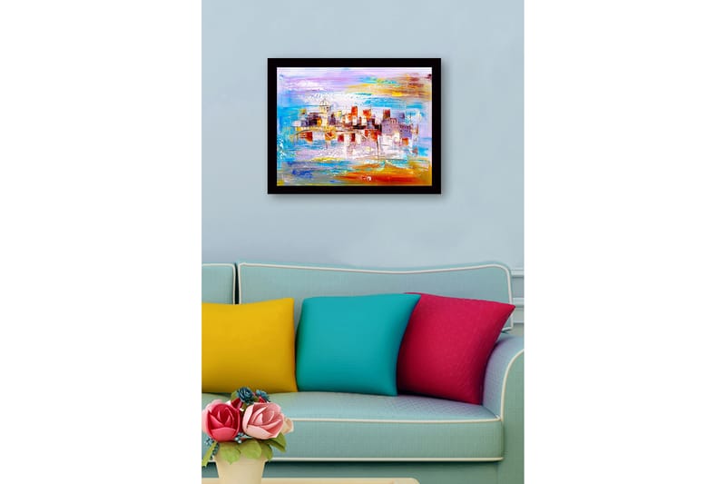 Indrammet lærredstryk i træ - 41x56 cm - Farverigt bybillede med bro og bygninger i silhuet - Blå / Orange / Lilla - Boligtilbehør - Billeder & kunst