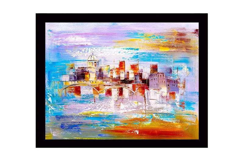 Indrammet lærredstryk i træ - 41x56 cm - Farverigt bybillede med bro og bygninger i silhuet, Blå / Orange / Lilla