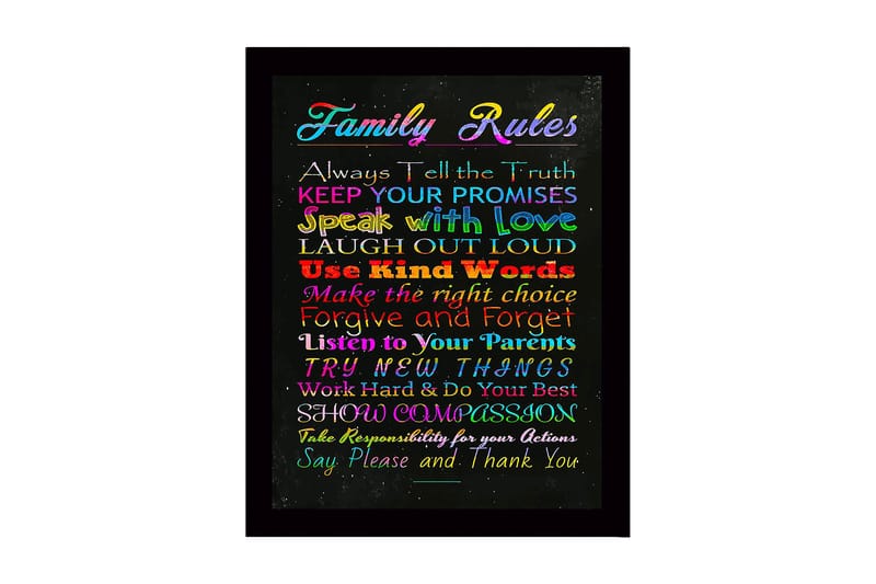 Indrammet lærredstryk i træ - 41x56 cm - Farverigt maleri med familieregler i forskellige skrifttyper, Rød / Blå / Grøn
