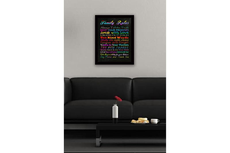 Indrammet lærredstryk i træ - 41x56 cm - Farverigt maleri med familieregler i forskellige skrifttyper - Rød / Blå / Grøn - Boligtilbehør - Billeder & kunst