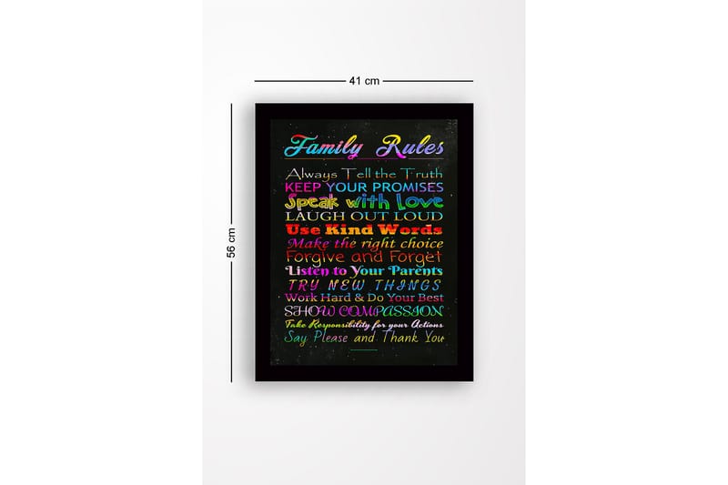 Indrammet lærredstryk i træ - 41x56 cm - Farverigt maleri med familieregler i forskellige skrifttyper - Rød / Blå / Grøn - Boligtilbehør - Billeder & kunst