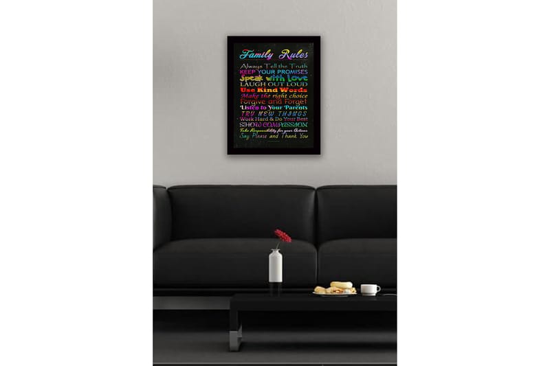Indrammet lærredstryk i træ - 41x56 cm - Farverigt maleri med familieregler i forskellige skrifttyper - Rød / Blå / Grøn - Boligtilbehør - Billeder & kunst