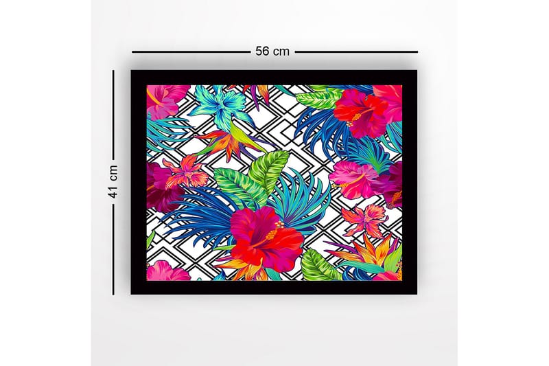 Indrammet lærredstryk i træ - 41x56 cm - Farverigt tropisk blomsterdesign med hibiskus og bladværk - Rød / Grøn / Blå - Boligtilbehør - Billeder & kunst