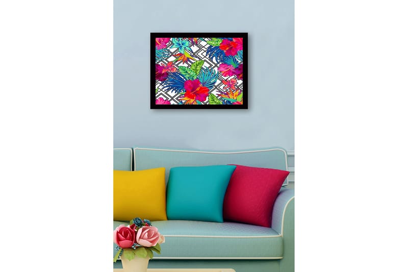 Indrammet lærredstryk i træ - 41x56 cm - Farverigt tropisk blomsterdesign med hibiskus og bladværk - Rød / Grøn / Blå - Boligtilbehør - Billeder & kunst