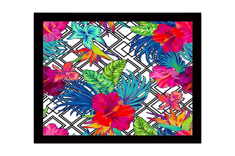 Indrammet lærredstryk i træ - 41x56 cm - Farverigt tropisk blomsterdesign med hibiskus og bladværk, Rød / Grøn / Blå