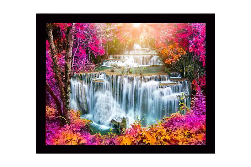 Indrammet lærredstryk i træ - 41x56 cm - Farverigt vandfald med omkringliggende blomster og træer i efterårsfarver - Lyserød / Orange / Grøn - Boligtilbehør - Billeder & kunst
