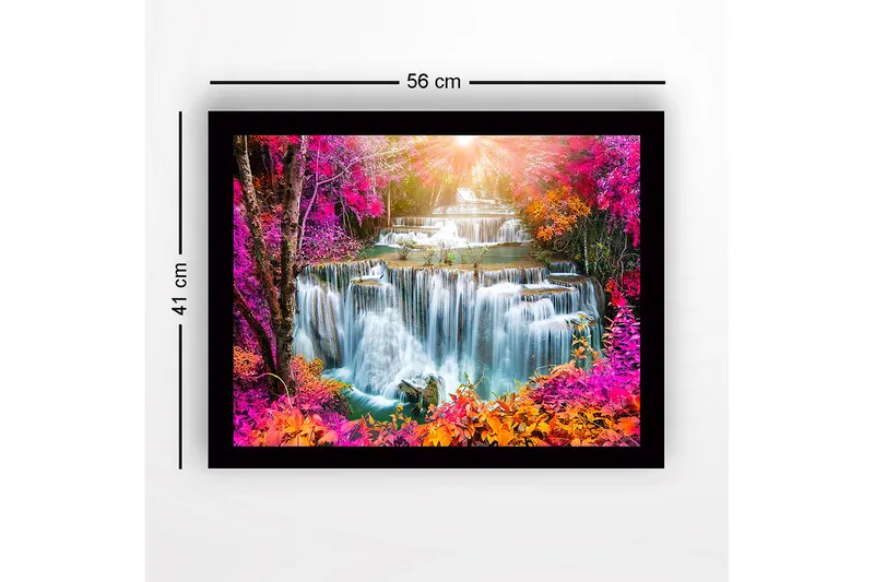 Indrammet lærredstryk i træ - 41x56 cm - Farverigt vandfald med omkringliggende blomster og træer i efterårsfarver - Lyserød / Orange / Grøn - Boligtilbehør - Billeder & kunst