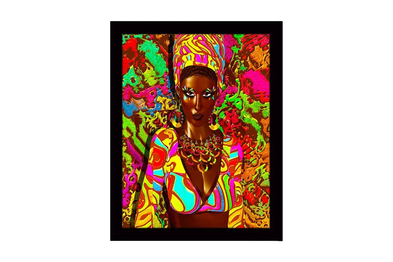 Indrammet lærredstryk i træ - 41x56 cm - Farverigt portræt af en kvinde med traditionelle smykker og tøj - Lyserød / Grøn / Orange - Boligtilbehør - Billeder & kunst