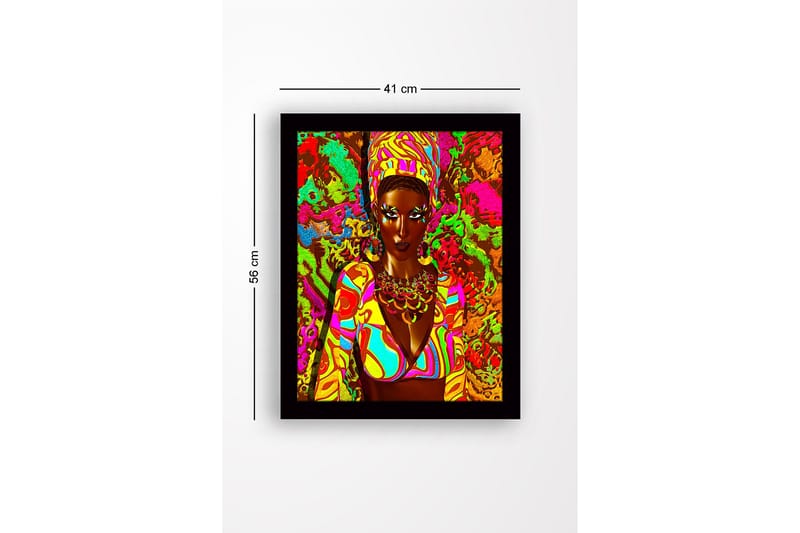Indrammet lærredstryk i træ - 41x56 cm - Farverigt portræt af en kvinde med traditionelle smykker og tøj - Lyserød / Grøn / Orange - Boligtilbehør - Billeder & kunst