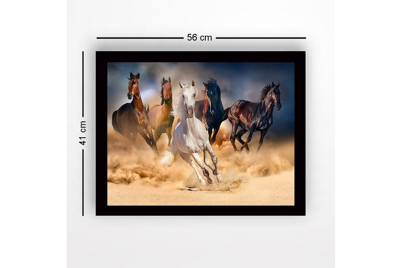 Indrammet lærredstryk i træ - 41x56 cm - Fem heste galoperer gennem en sandstorm - Hvid / Brun / Sort - Boligtilbehør - Billeder & kunst